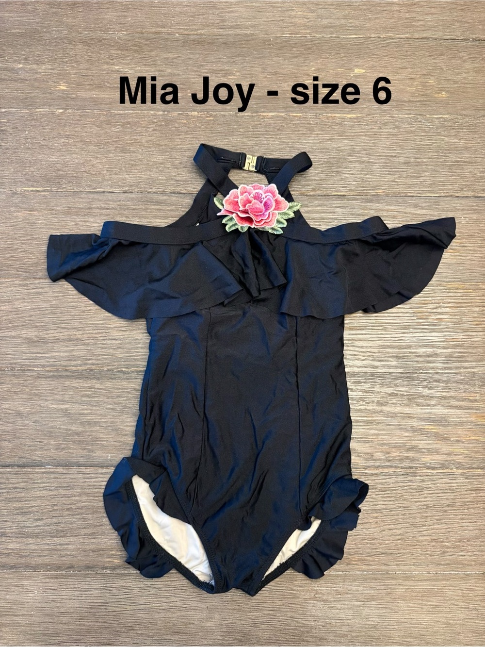Mia Joy Girls' Black One-Piece Swimsuit with off-shoulder ruffles - Size 6